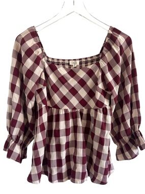 Entro Women's Burgundy and Cream Gingham Peasant Top